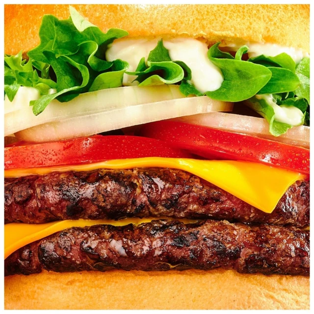 Macro photograph of a double cheeseburger featuring two patties, cheese, tomato, lettuce, onion, and mayonnaise-based sauce between a bun.