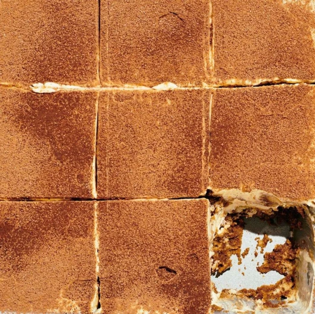 Overhead shot of tiramisu dessert squares in a baking dish, dusted with cocoa powder. The dessert is a traditional Italian treat.