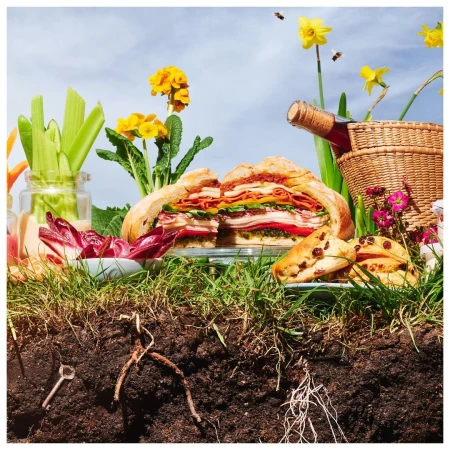 Overhead shot of a sliced sandwich loaf on a glass plate, surrounded by vegetables, fruit, a bottle of wine, and flowers in a grassy setting.