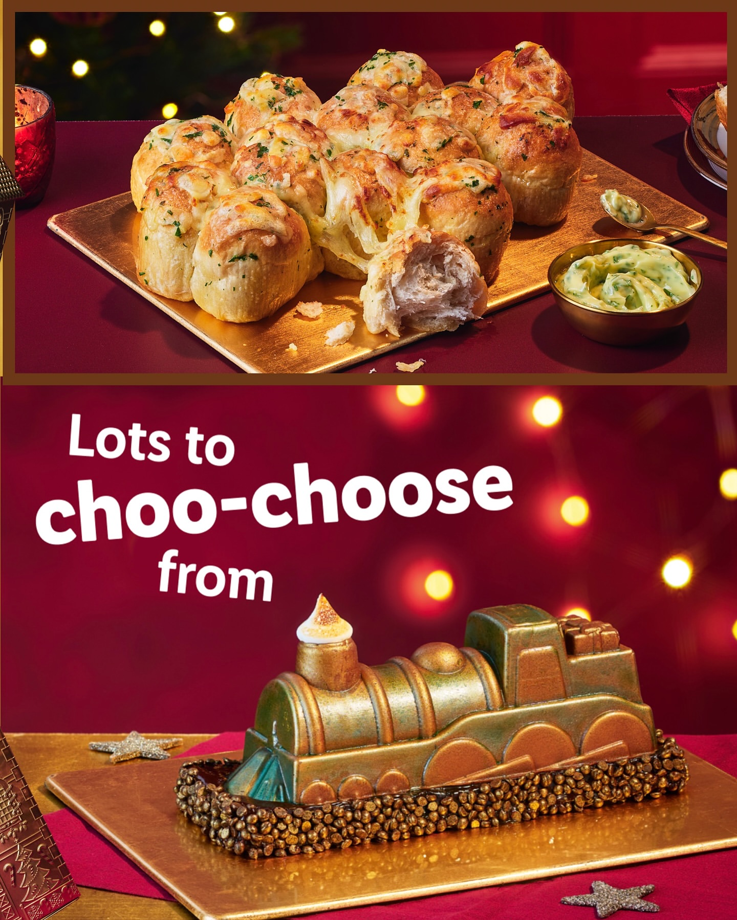 Two food images: a pull-apart bread on a gold platter and a train-shaped cake on a gold platter with fairy lights background.