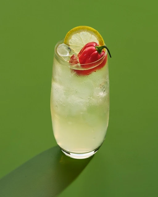 Refreshing cocktail in a tall glass with ice cubes, lemon slice, and habanero pepper garnish, presented on a solid green background.