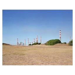 Distant industrial chimneys with red and white stripes rising behind a dry grassy field under a clear blue sky