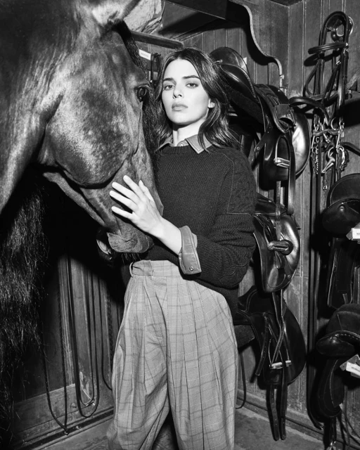 Monochrome portrait of a woman in a sweater and plaid pants, embracing a horse in a stable with visible saddle rack.