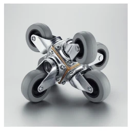 Complex mechanical caster assembly with multiple grey rubber wheels and polished metal brackets on a gradient grey background