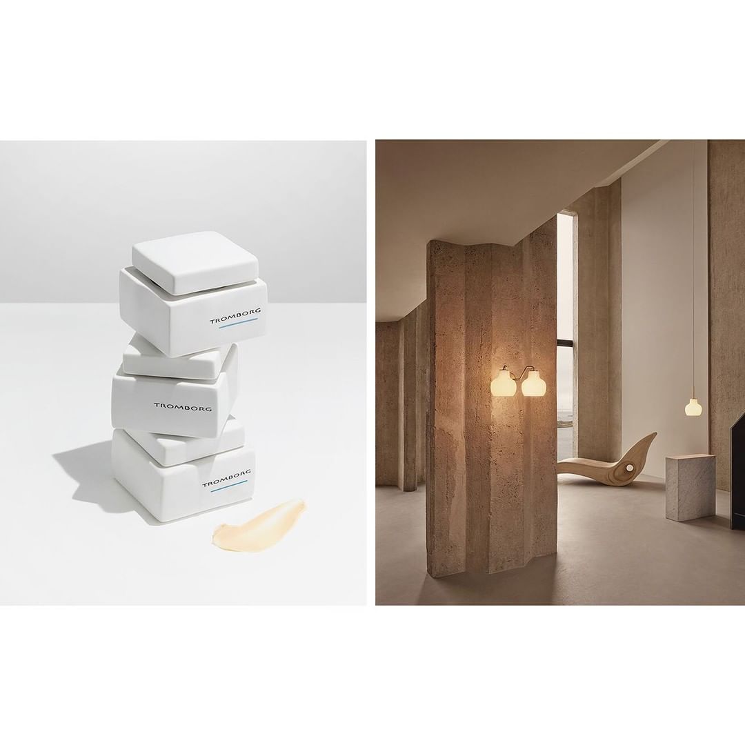 Stacked Tromborg skincare packaging with cream swatch against a minimalist studio interior featuring architectural concrete walls and a chaise lounge.