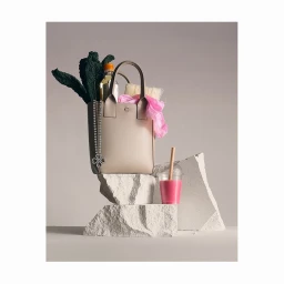 Beige leather tote bag filled with groceries and greens, sitting on stacked white stone blocks beside a pink smoothie.