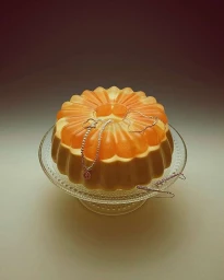 Fluted orange and cream gelatin dessert garnished with delicate silver jewellery on a clear glass cake stand