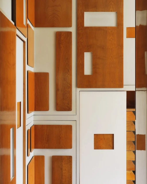 Geometric interior design with wood paneling and white walls. Abstract composition featuring rectangular and square shapes.