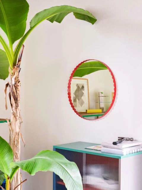 Interior of a room with a banana plant in a pot, a round mirror with red frame hanging on a white wall, and a cabinet with magazines.