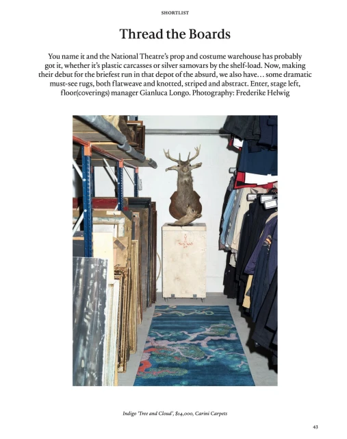 Interior shot of a prop and costume warehouse with vintage rugs, a mounted deer head, clothing racks, and shelving.