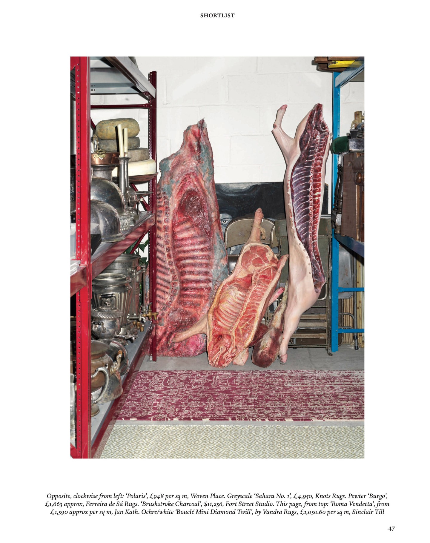 Raw meat carcasses hanging in an indoor setting, possibly a butcher shop or meat storage area, with stainless steel shelving.