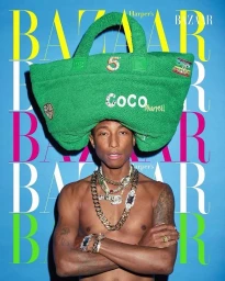 Pharrell Williams wearing a large green fluffy handbag on his head with layered necklaces against a magazine background
