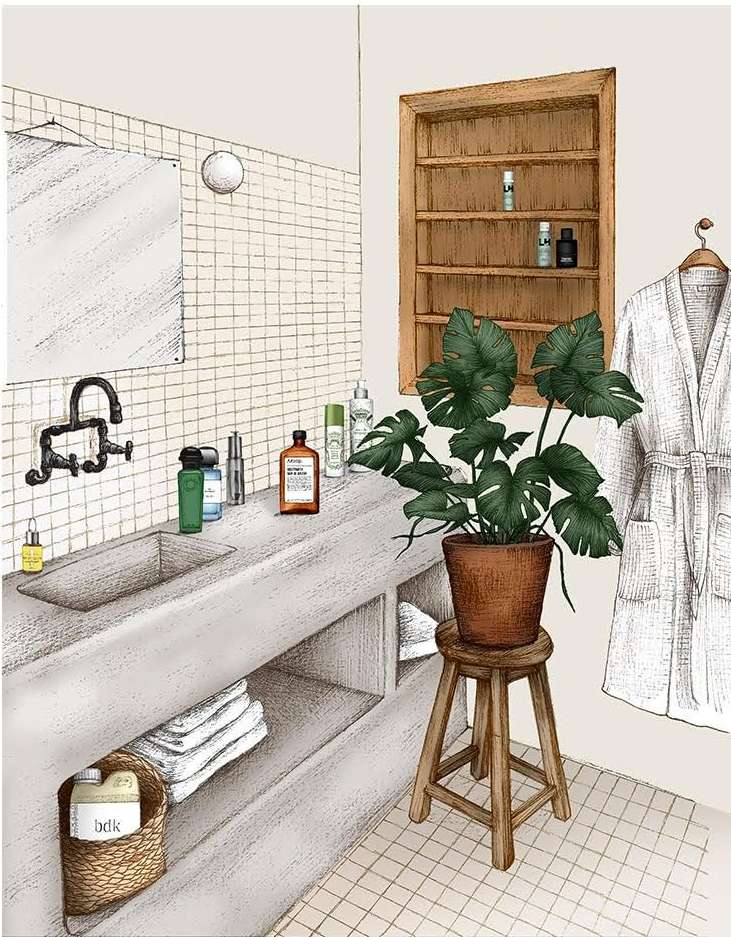 Illustration of a neutral-toned bathroom interior with a concrete sink, various skincare products, a monstera plant, and a white bathrobe.