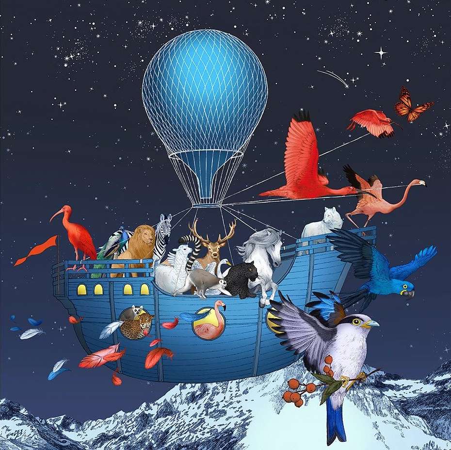 Surreal artwork showcasing an airborne ship-like vessel carried by a blue hot air balloon, populated with diverse animals against a starry night backdrop.