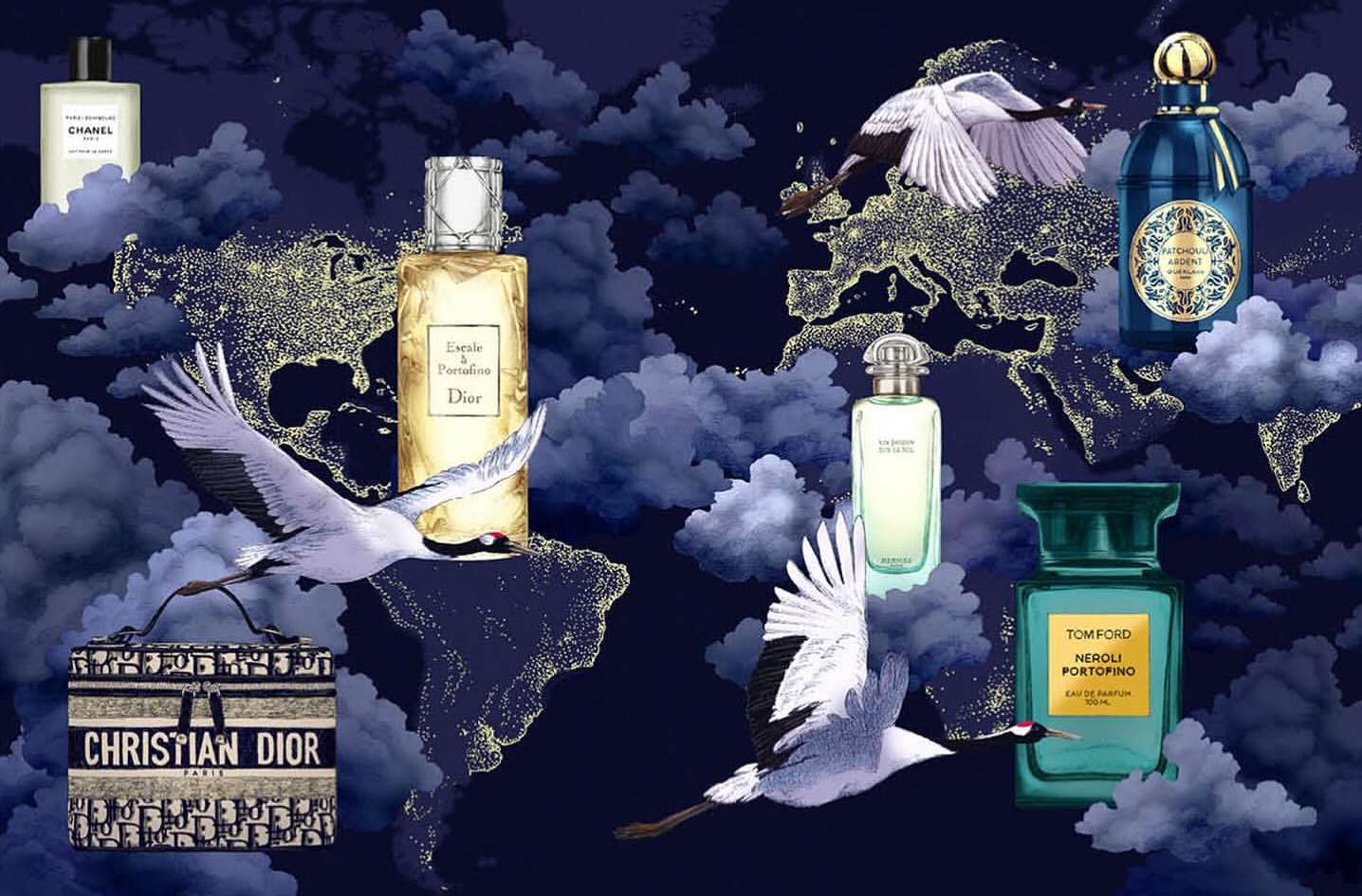 Several branded perfume bottles are arranged amidst illustrated white cranes and a stylized world map with cloud-like shapes in a dark blue tone.