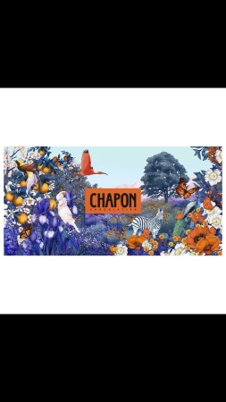 Colorful illustration of a tropical landscape with birds, butterflies, plants, flowers, and a zebra, featuring the Chapon Chocolatier logo.