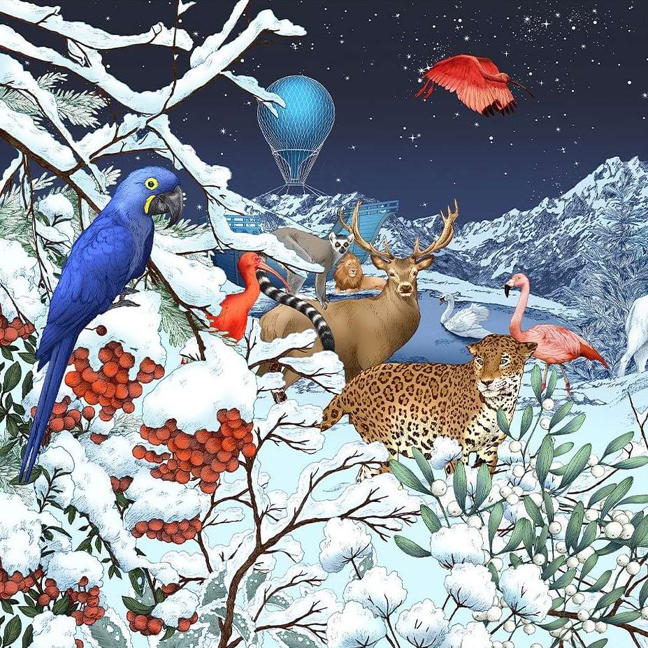 Artistic winter scene with assorted animals including a jaguar, deer, birds, and lemur amongst snow-covered trees and a mountain backdrop.