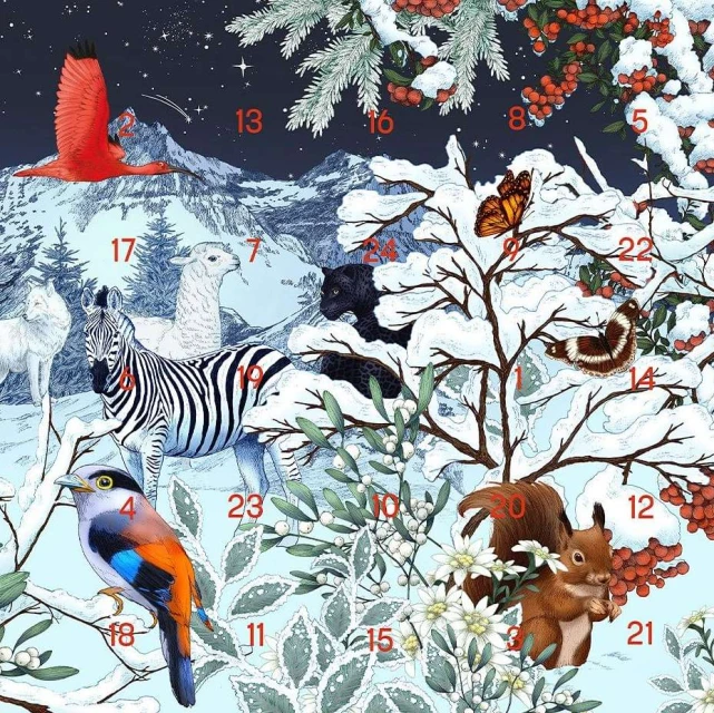 Illustration of a winter scene with a zebra, parrot, birds, squirrel, butterflies, llama, panther, and wolf among snow-covered branches.