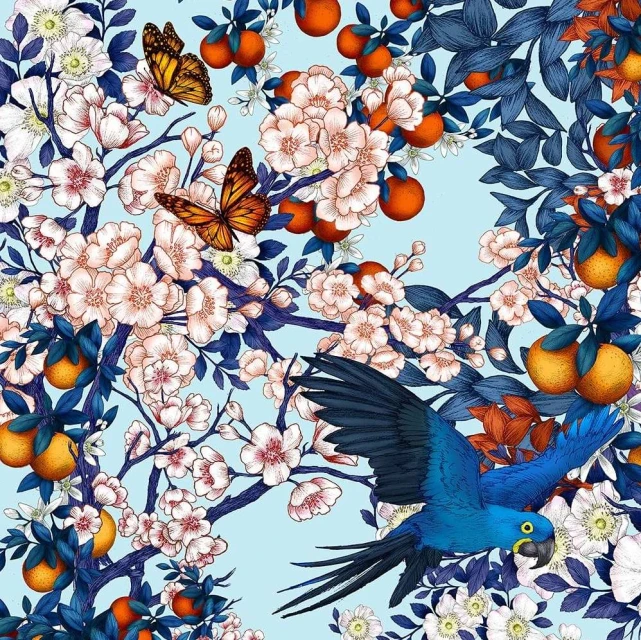 Illustration featuring blooming flowers, oranges, blue parrot, and butterflies against a light blue background.