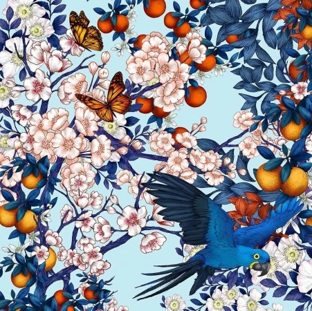 Illustration featuring blooming flowers, oranges, blue parrot, and butterflies against a light blue background.