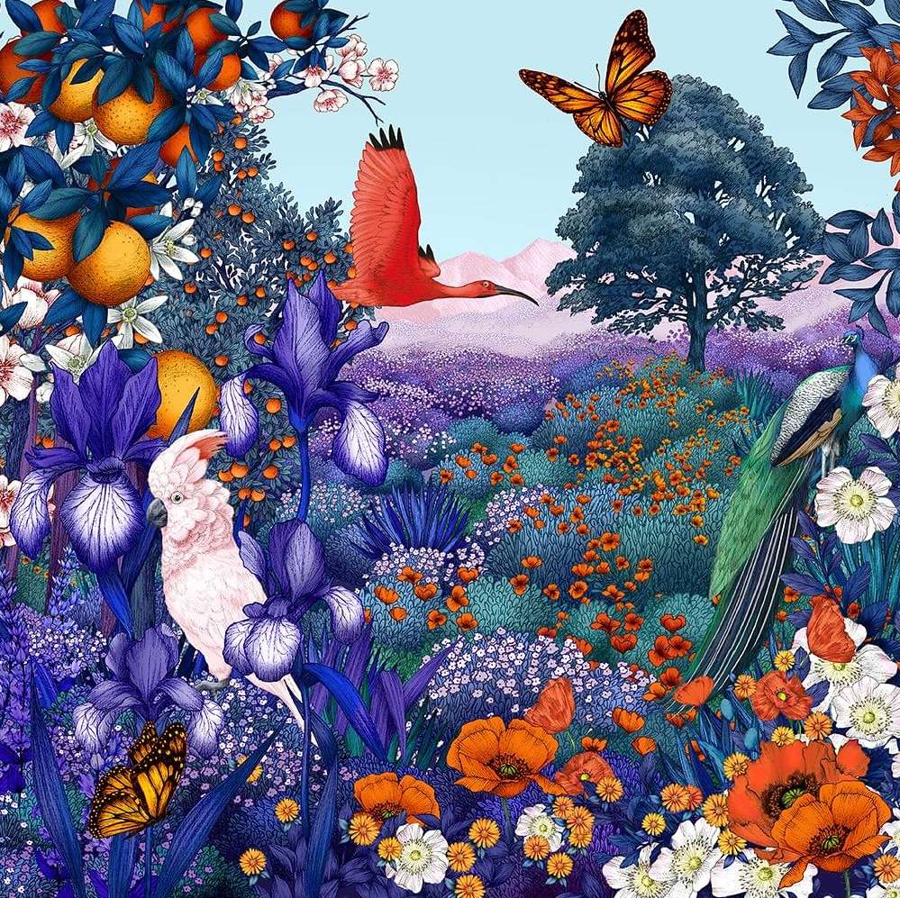 Illustration featuring various botanical elements, including a scarlet ibis, butterfly, cockatoo, peacock, and flowering plants on a blue background.