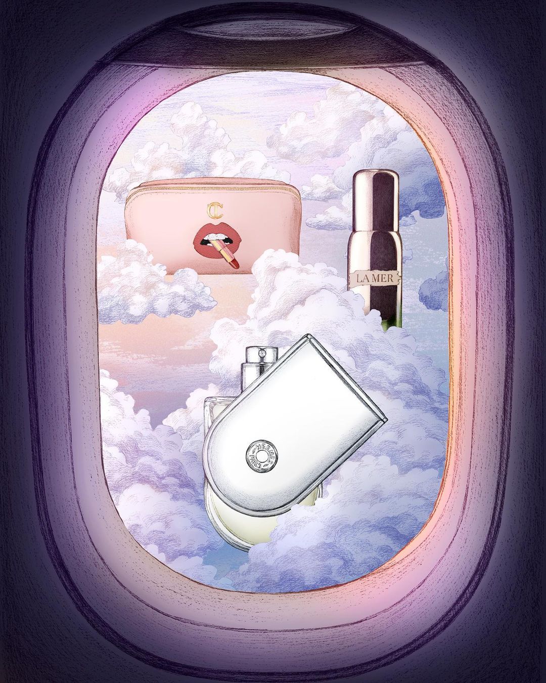 Illustrated beauty products float against a background of clouds as viewed through an airplane window.