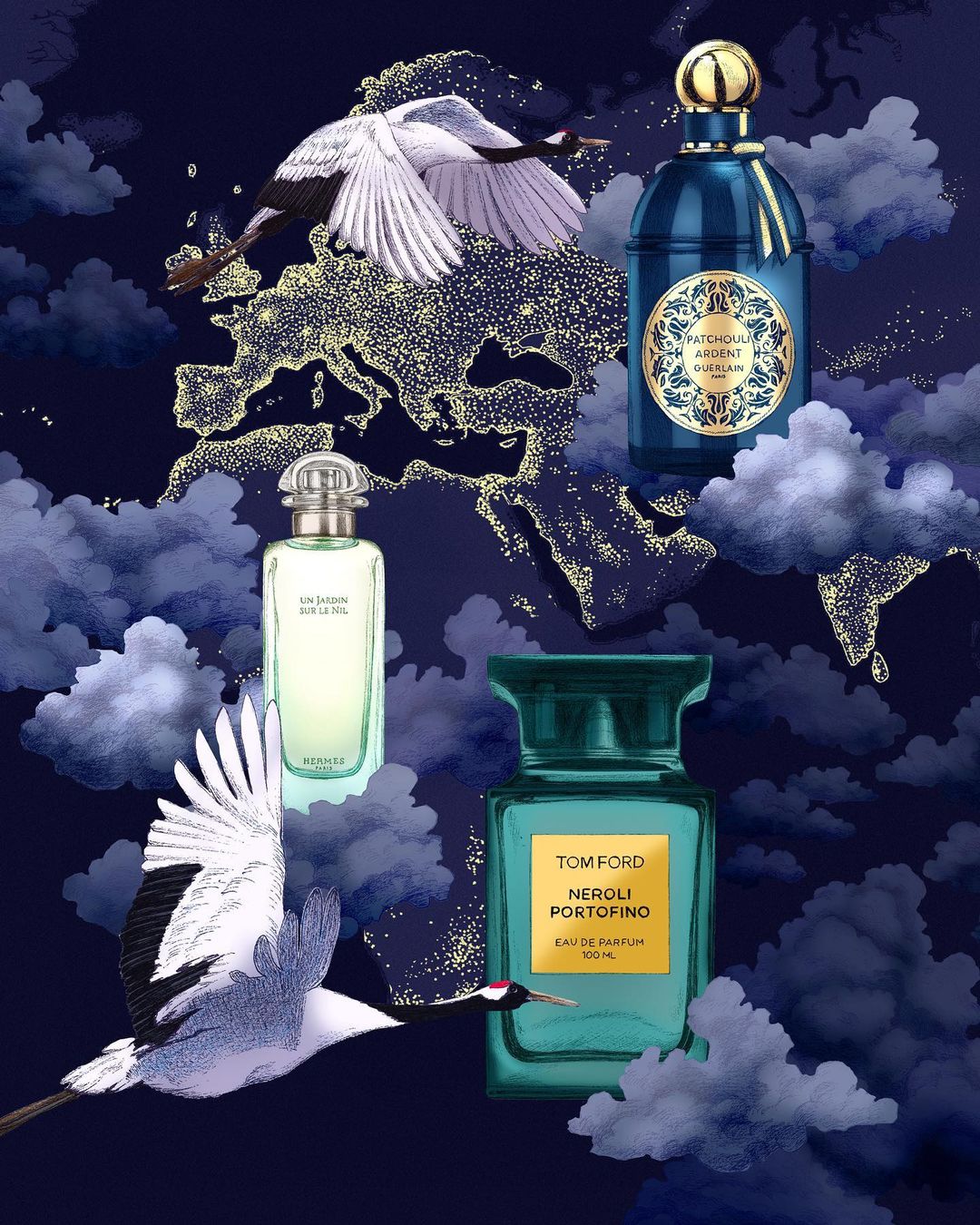 Illustration featuring four perfume bottles with two flying cranes against a dark blue backdrop with clouds and a golden map of Europe.