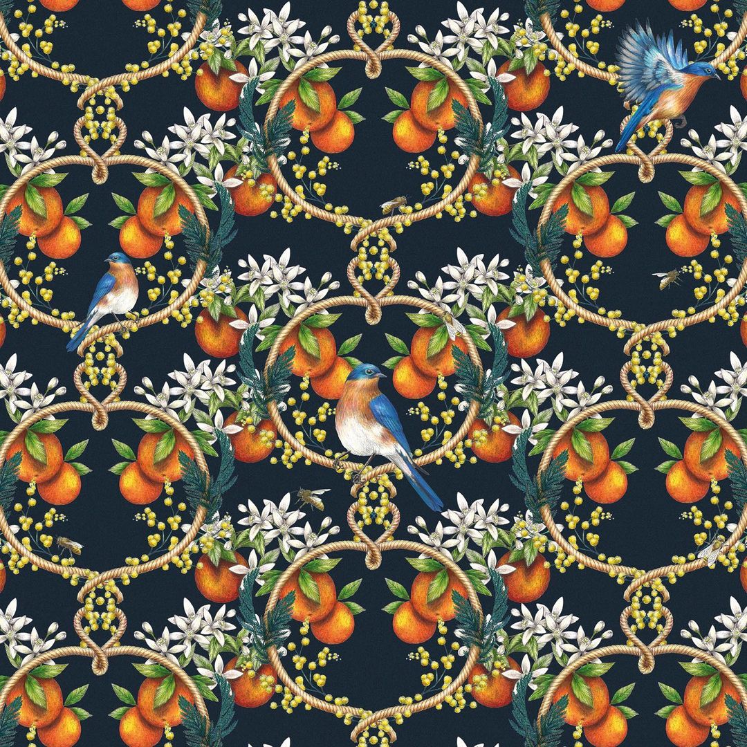 Pattern of bluebirds, oranges, mimosa flowers, and rope circles on a dark blue background, creating a visually appealing design.