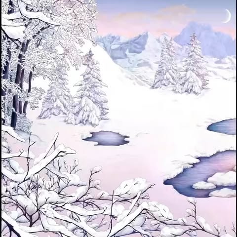 Digital artwork of a serene winter landscape with snow-covered trees, icy ponds, and distant mountains under a pastel sky.