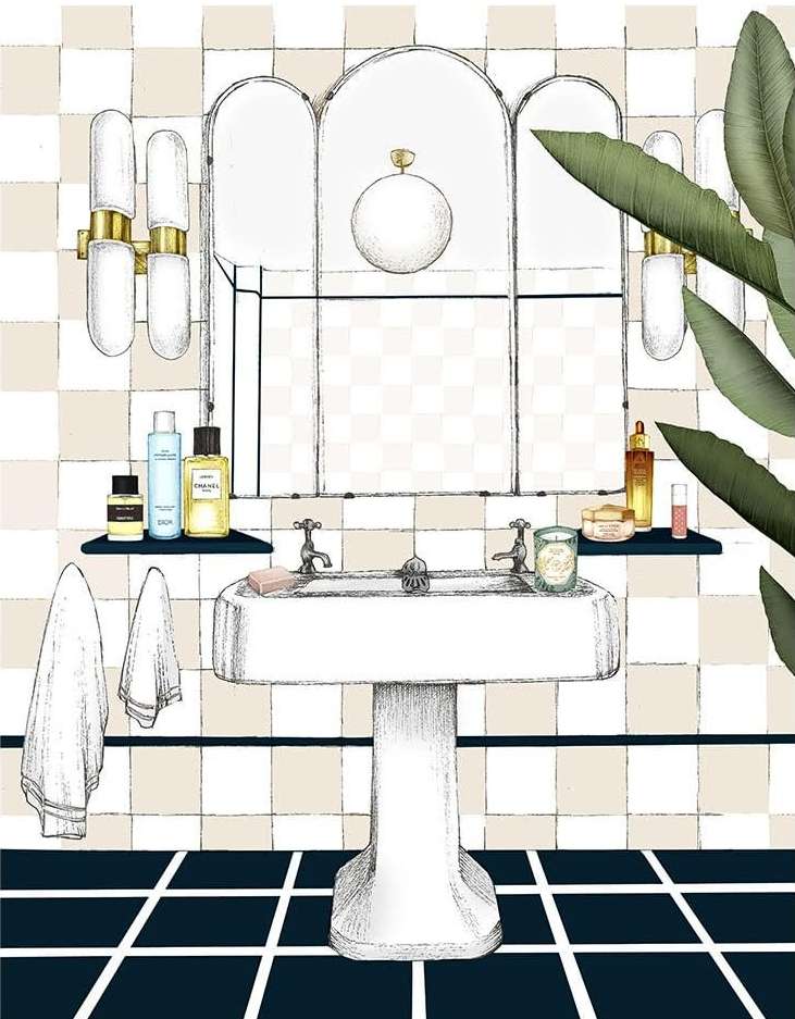 Illustration of a vintage-style bathroom interior with a white pedestal sink, mirror, vanity lighting, and tile flooring.