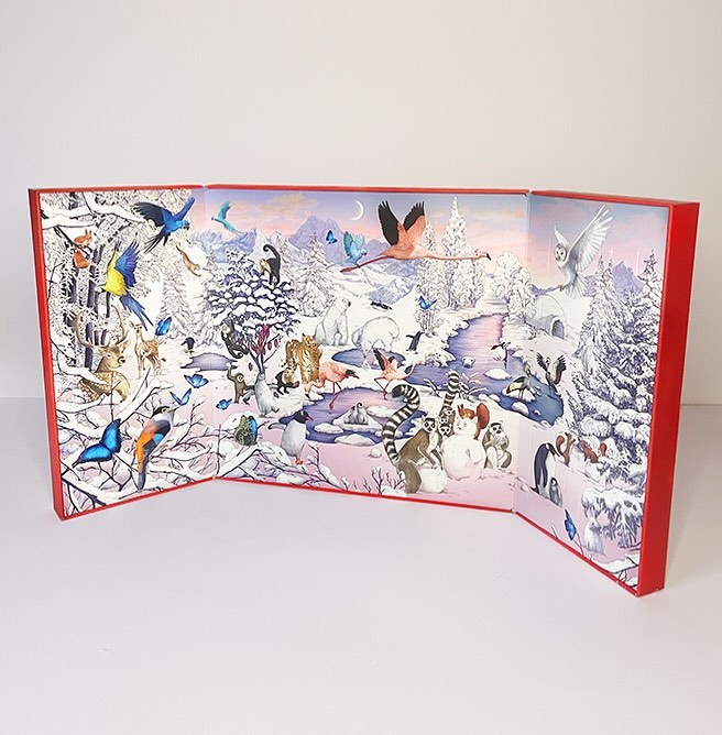 A fantastical illustration shows a variety of animal species among snowy trees and a stream under a crescent moon in an enchanting scene.