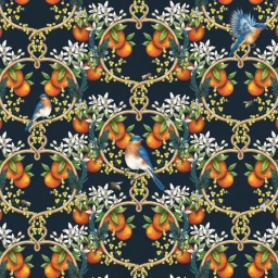 Detailed botanical seamless pattern with bluebirds, oranges, white blossoms, and looping ropes on a dark background.
