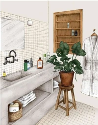 Detailed ink illustration of a bathroom interior featuring a concrete vanity, potted monstera plant, and hanging bathrobe.