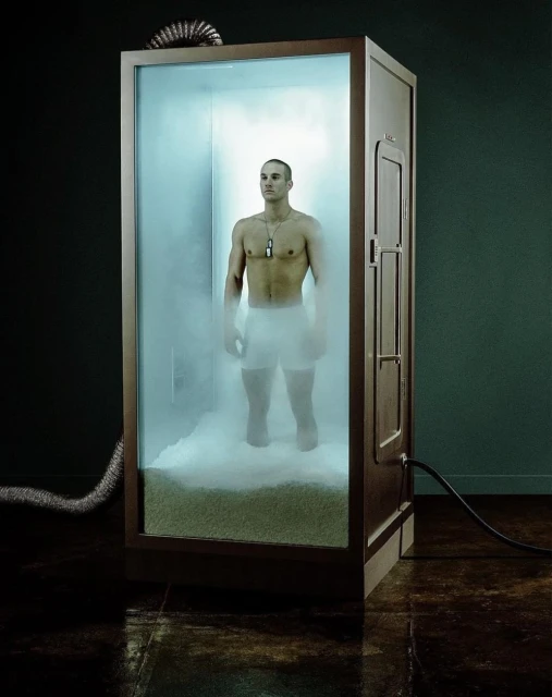 Athletic man stands in a full-body cryotherapy chamber, visible through the transparent door with vapor surrounding his lower body.