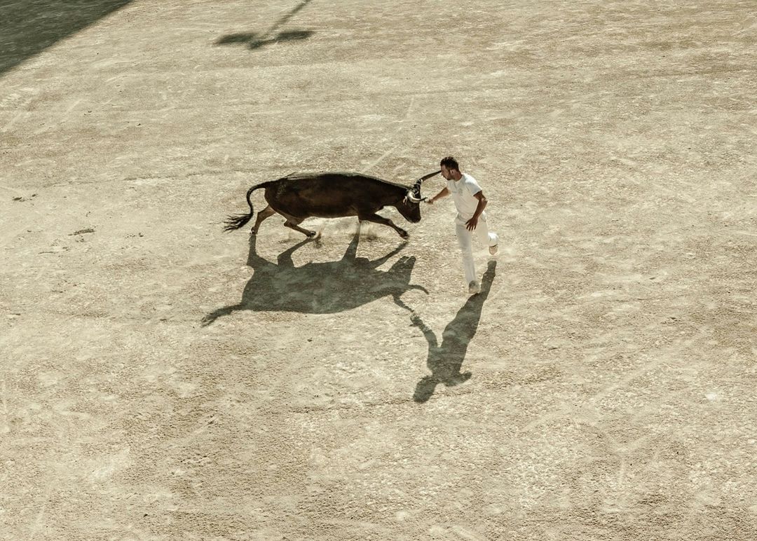 Bull and matador in a dirt arena from above; the bull faces left while the man in white runs in the opposite direction.