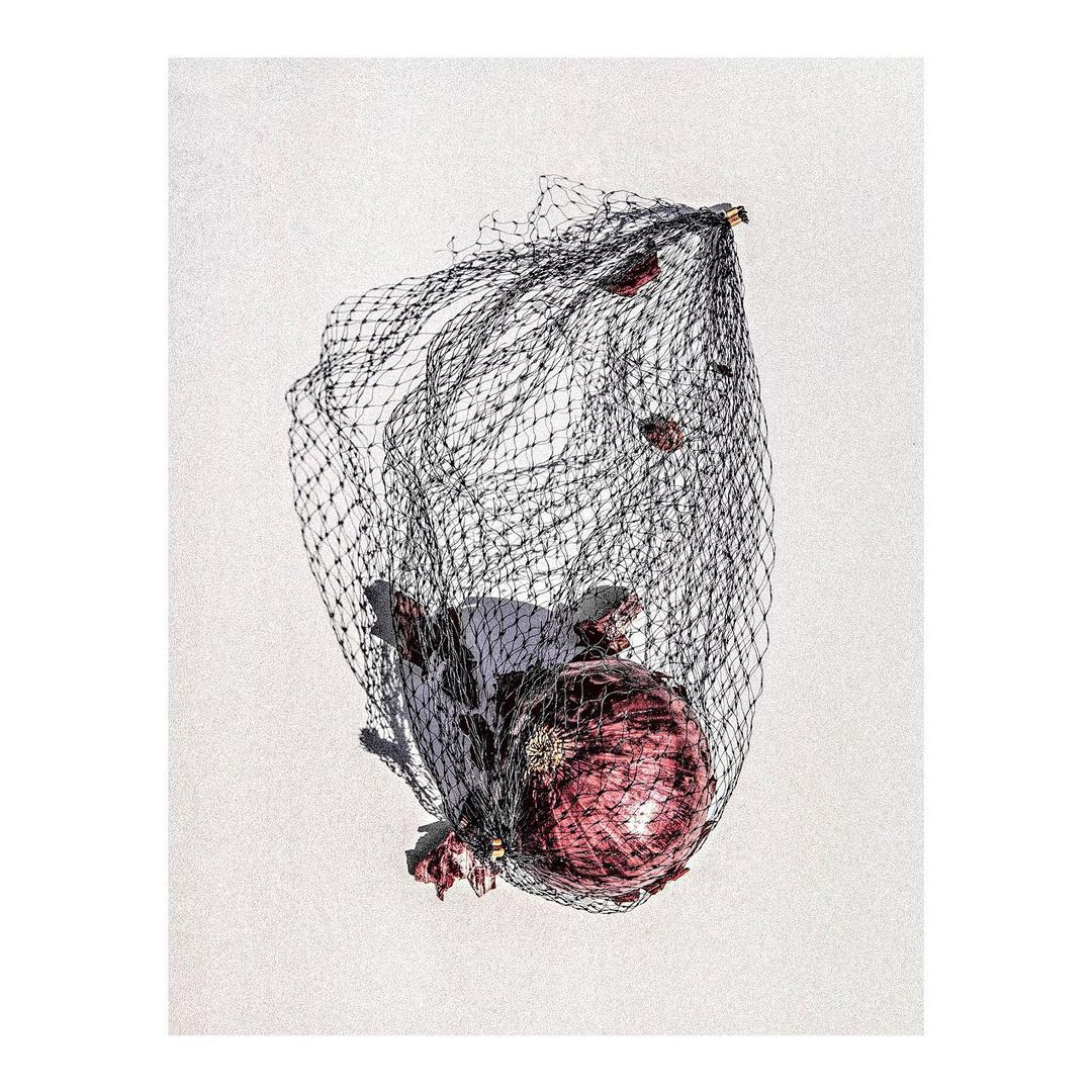 Overhead studio shot of a red onion in a black mesh bag on a light grey background, lit with diffused natural light.