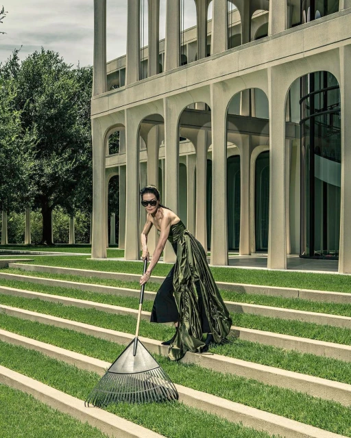 Woman in green strapless dress rakes grass on tiered lawn by modern building with arches, wearing sunglasses and holding leaf rake.