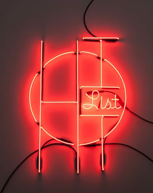 Abstract neon sign art featuring a geometric design with a circle and vertical lines, illuminated in a bright red hue on a plain background.
