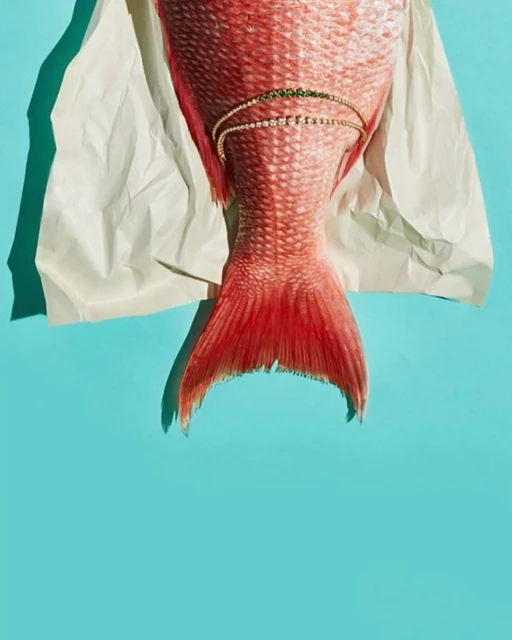 Overhead shot of redfish tail on white paper, decorated with two gold bracelets against a bright blue backdrop, fashion-forward aesthetic.