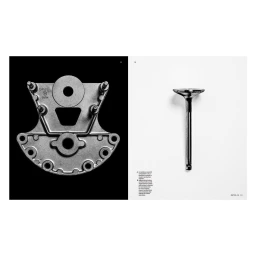 Close-up studio photography of engine parts displayed across a split black and white editorial book spread by Fredrik Broden