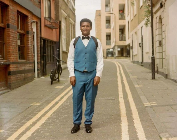 Young man in teal suit and bow tie standing in the center of an urban cobblestone street lined with brick buildings and parked bicycles.