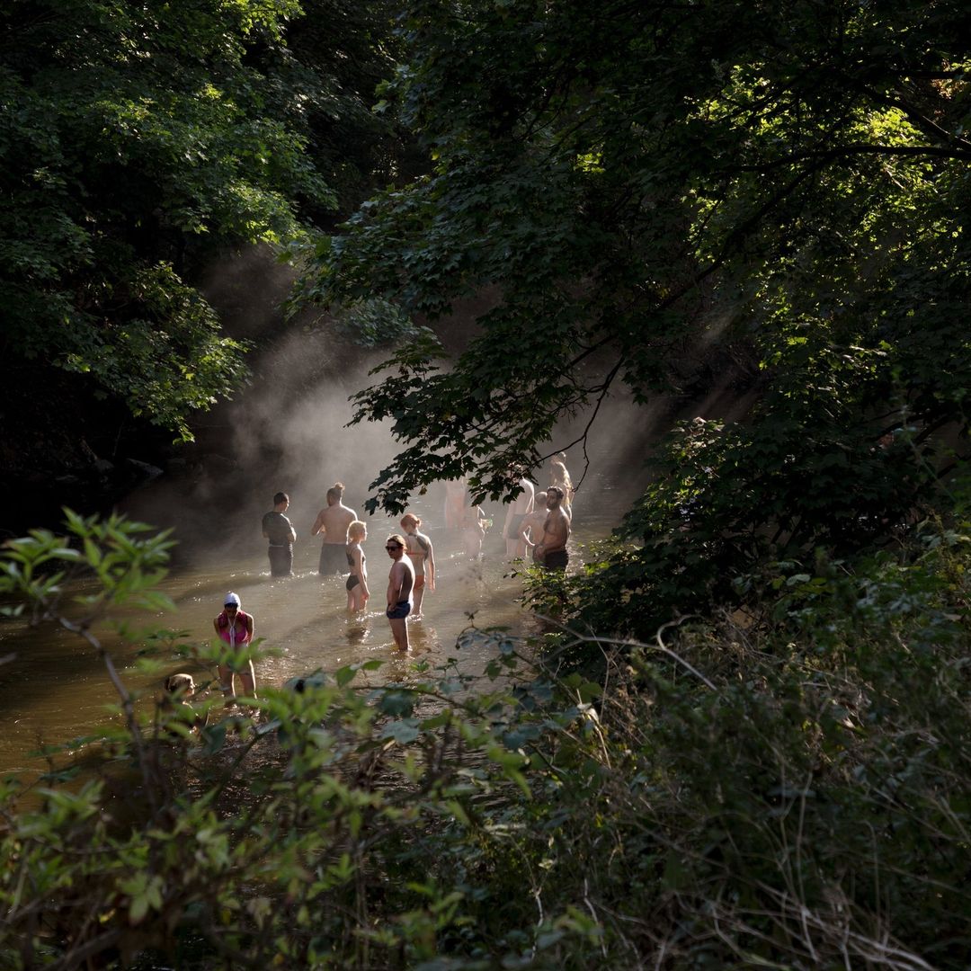 Group of people stand in a river with surrounding trees and mist, creating a tranquil scene with dappled sunlight and natural beauty.