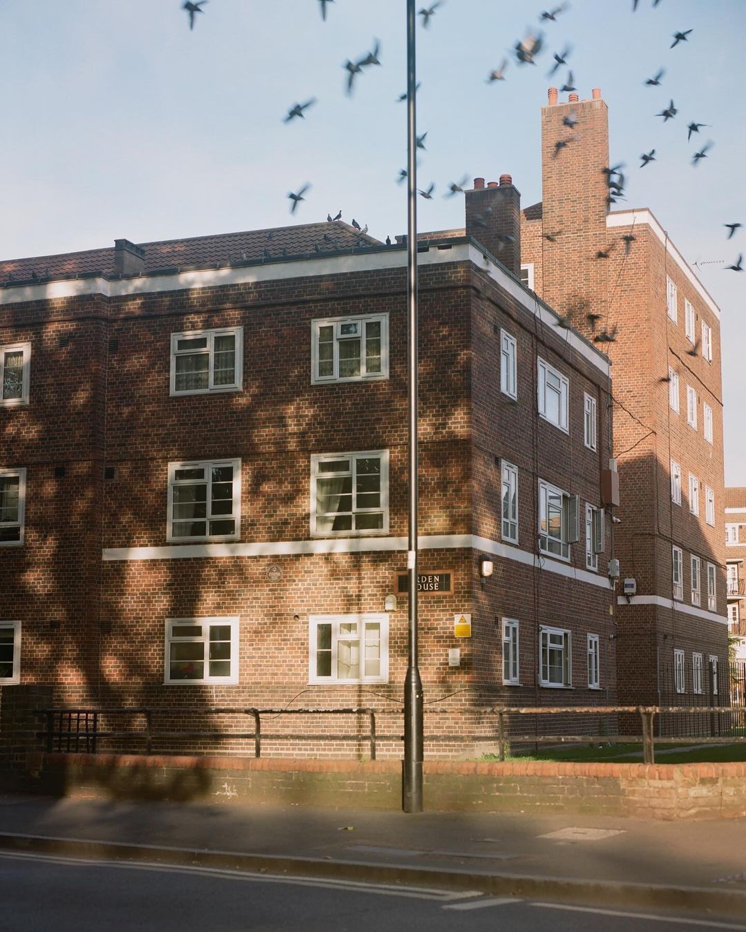 Exterior of a brick apartment building under a blue sky, with a flock of birds flying overhead near a tall lamppost.