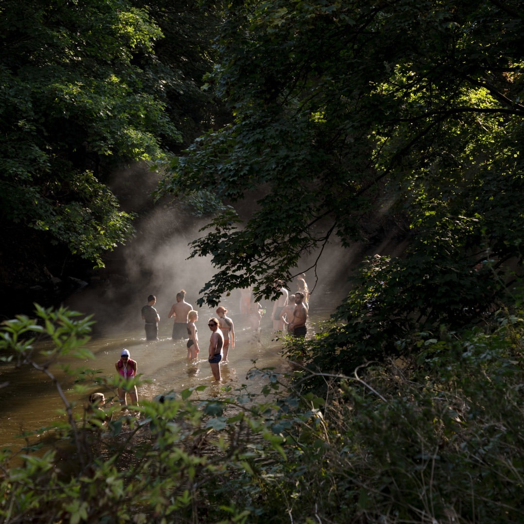 Group of people wading in a shallow river surrounded by dense forest with sunlight streaming through the trees, creating a hazy effect.