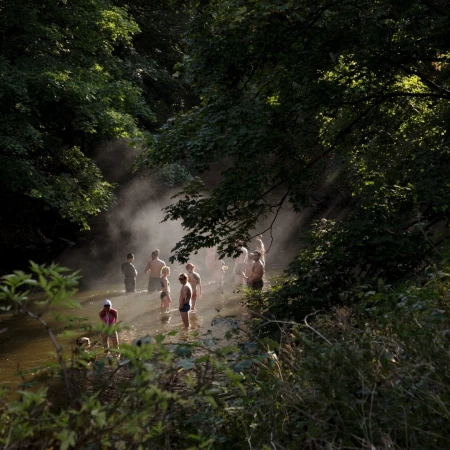 Group of people wading in a shallow river surrounded by dense forest with sunlight streaming through the trees, creating a hazy effect.