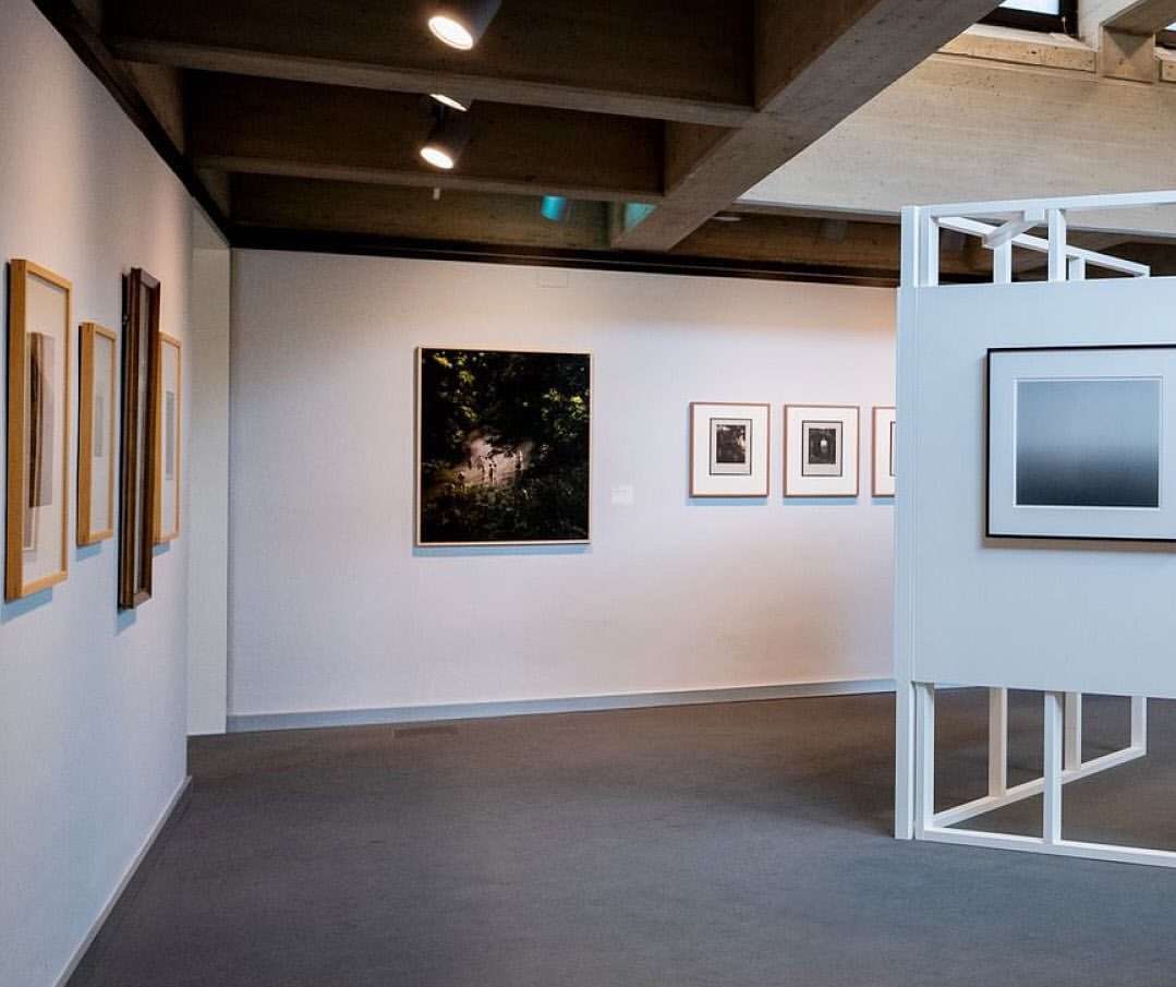Gallery wall featuring framed fine art prints and photographs in an indoor art gallery under bright display lights.