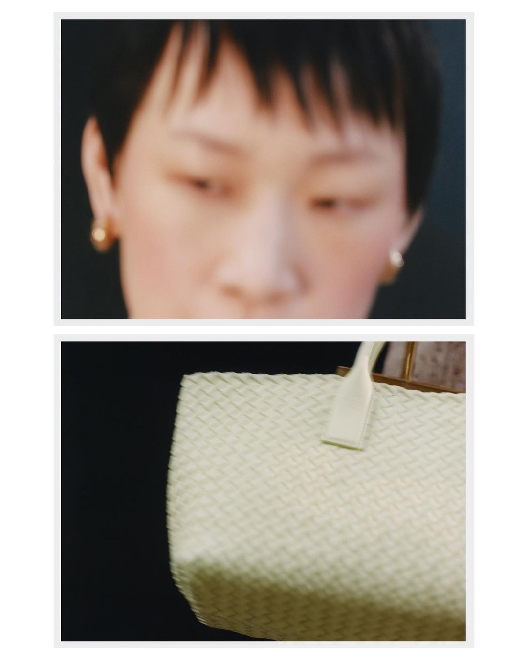 Close-up composite image: one adult female with short hair and gold earrings alongside a woven handbag with a white handle.