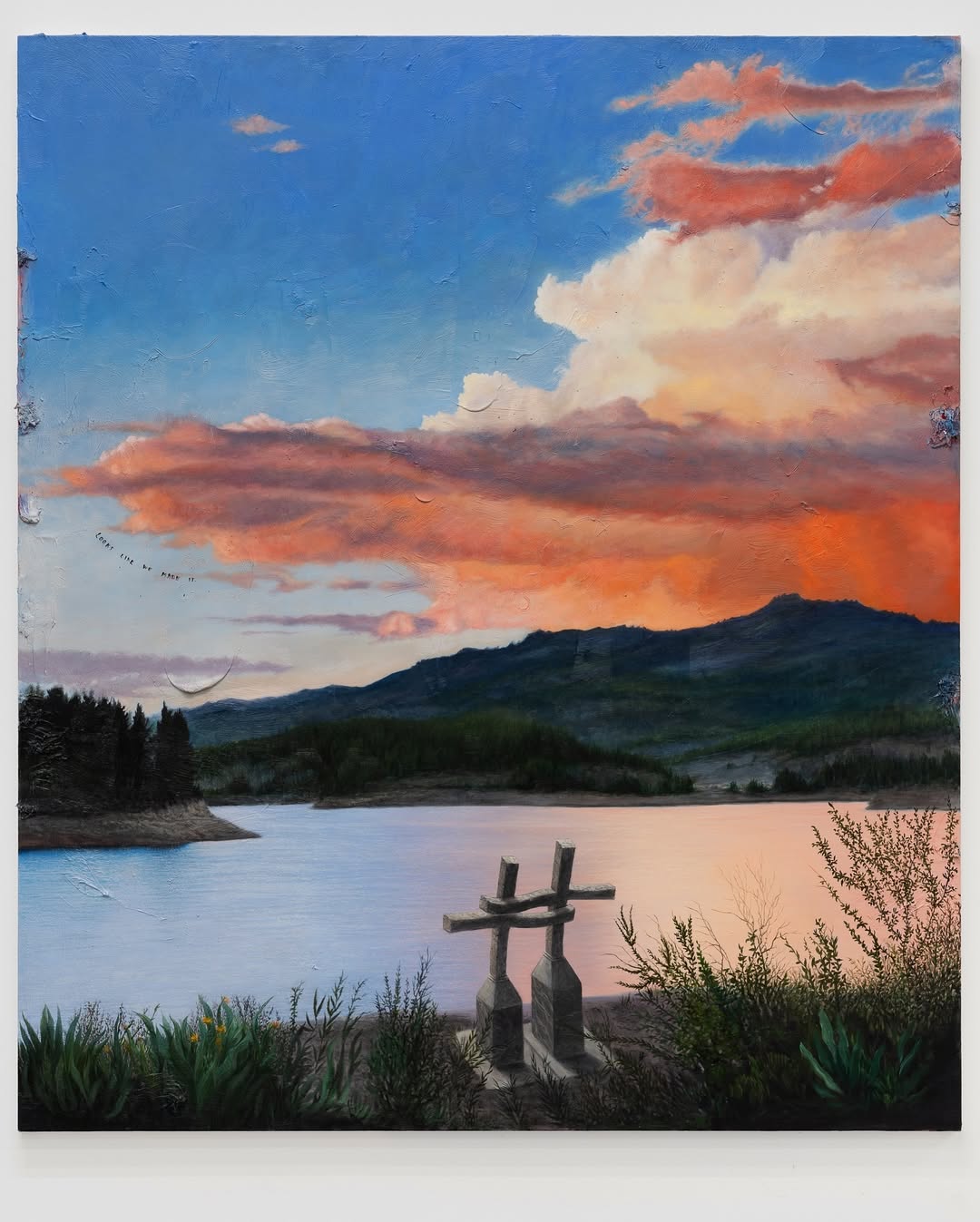Scenic painting of a lakeside landscape with silhouetted trees, a serene lake reflecting the sky, and two weathered stone markers.