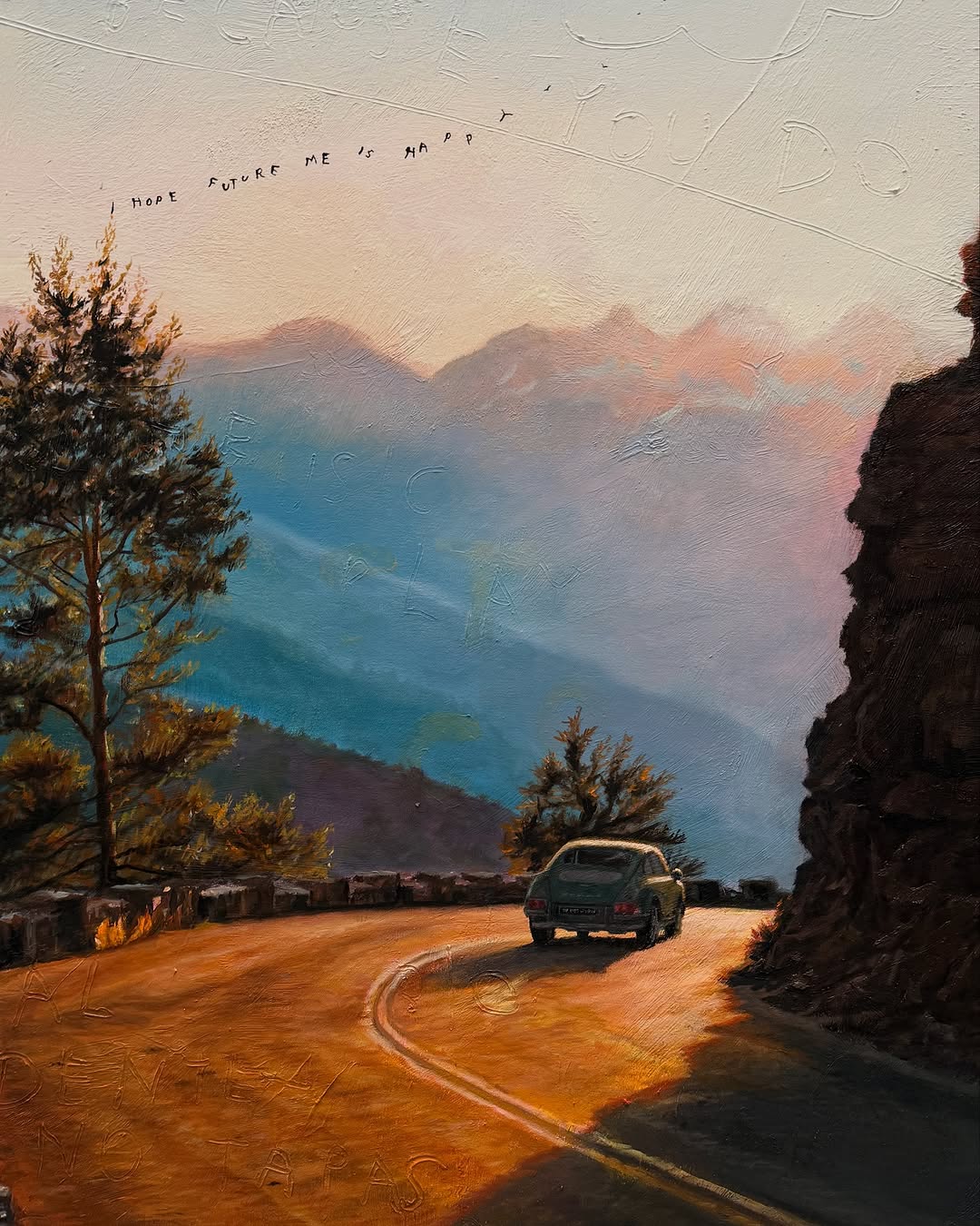 Art painting of a vintage car driving on a winding road through mountains, with trees and text 'I HOPE FUTURE ME IS OKAY'.