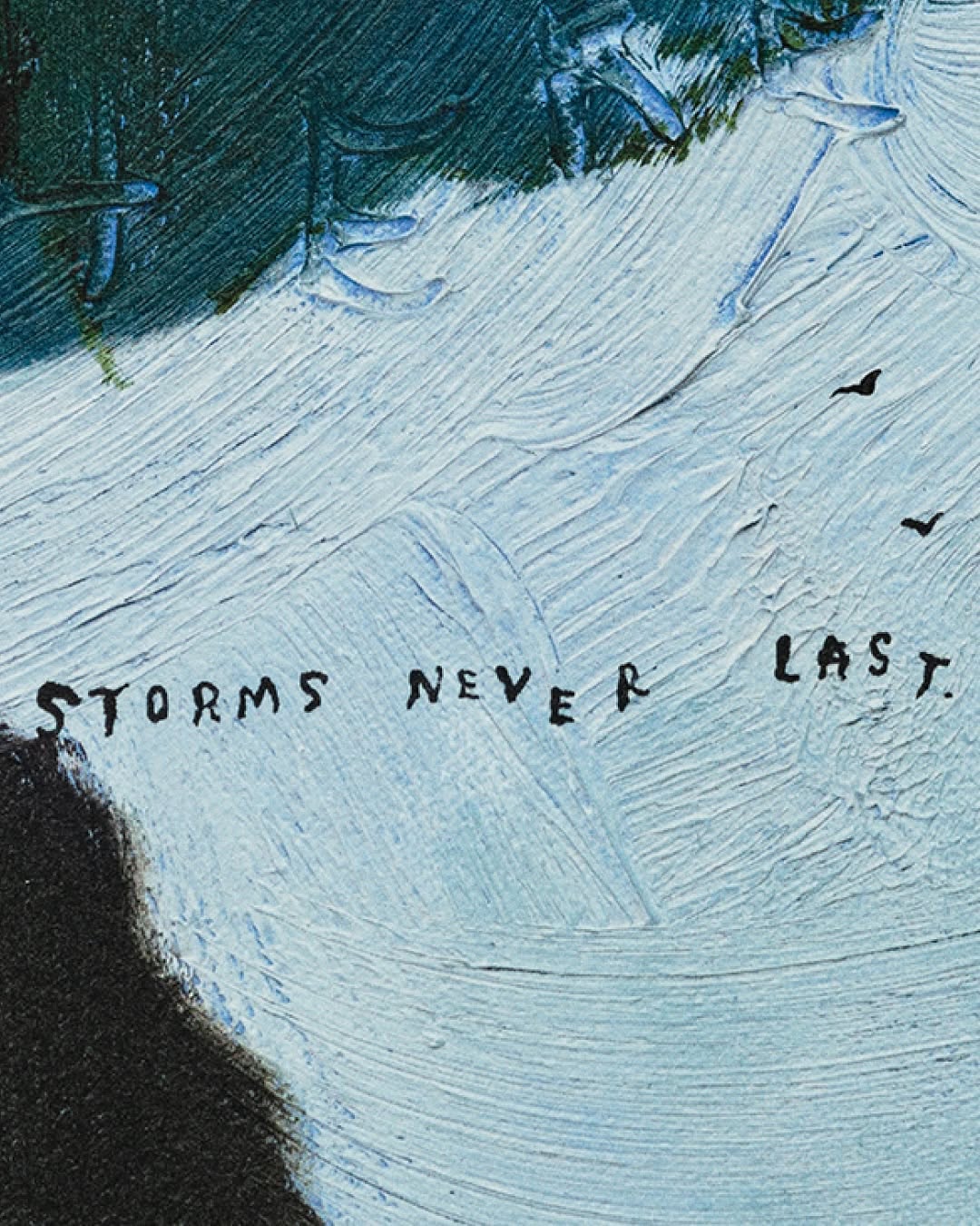 Expressionist painting featuring an abstract cloudy sky, birds in flight, and the text "Storms Never Last" conveying hope.
